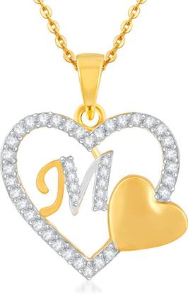 Kanak Jewels Love Heart Pendant "M" Letter Gold Plated for Girls Women Men Chain Pendant Gold-plated Cubic Zirconia Brass Pendant