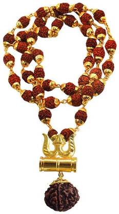 Sadnya Sadnya Lord Shiva Shankar Bolenath Trishula Damaru Locket With Puchmukhi Rudraksha Mala Gold-plated Beads Brass, Wood Pendant Set - MK354 Gold-plated Brass Pendant Set