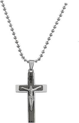 M Men Style Religious Lord Jesus Christ Cross Locket Penadnt Necklace Chain Rhodium Stainless Steel Pendant Set