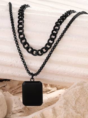 YELLOW CHIMES Black Layered Dog Tag Neck Chains for Men | Fashion Accessories for Men Copper Leather, Stainless Steel Pendant