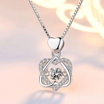 STYLE KRAFT Dancing Diamond Charming Double Heart Pendant with Link Chain Valentines Gifts Sterling Silver, Platinum, Silver Cubic Zirconia, Diamond, Zircon Alloy, Stainless Steel Pendant Set