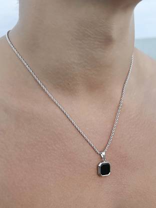 VIANSH Men And Women Black Onyx Octagon Inlay Square Pendant Amulet Silver Agate Stainless Steel Pendant