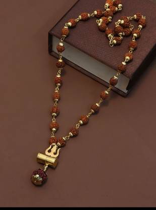 साइट Shiv Trshul damru Gold-Plated Lord Shiva Locket Wood Pendant rudraksha moti mala Gold-plated लकड़ी पेंडेंट सेट