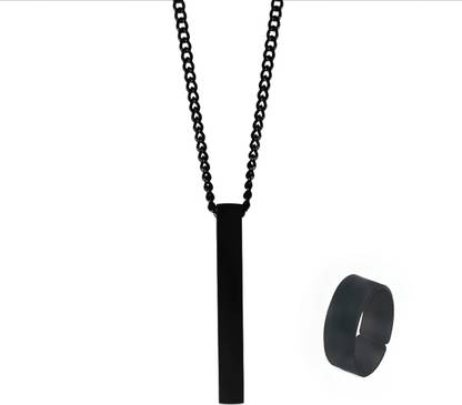Vivity Ring & 3D Vertical Bar Pendant Cuboid Stick Locket Necklace Long Chain Black Silver Alloy Pendant