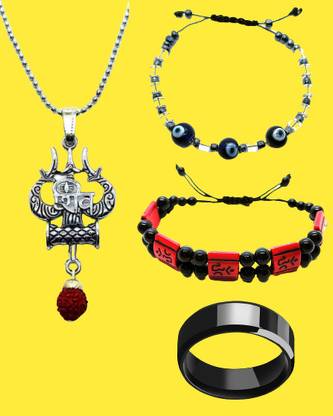 Dynamic Retail Global Shiva Mahadev Mahakal Locket Black Ring Men Religious Pendant Dori Bracelet 423Z Stainless Steel Pendant Set