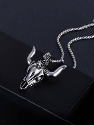 YELLOW CHIMES Designer Stainless Steel Bull Head Skull Silver Chain Pendant for Men and Boys Stainless Steel