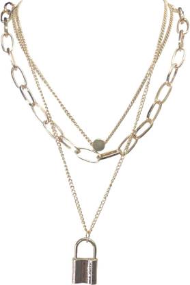 RVM Jewels 3 Layer Step Multi Layered Necklace Western Charm Lock Big Fat Chain Gold Plated Gold-plated Alloy