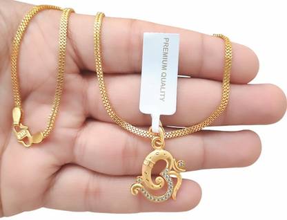 SAPNAPALACE GANESHA OM DIMOND GOLD WITH 2 LINE CHAIN Gold-plated Brass Pendant Set