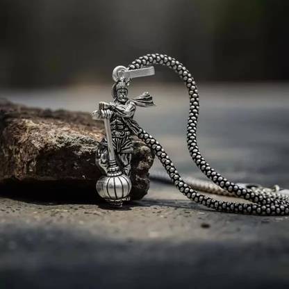 Animated Hanuman ji With Gada Silver Pendant Chain Silver Stainless Steel Pendant Set Silver Stainless Steel, Alloy, Silver Pendant