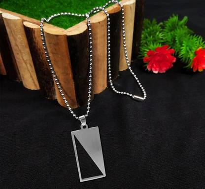 Adhvik Silver Cool Geometric Rectangle Unique Design Pendant Locket Necklace Ball Chain Silver Stainless Steel Pendant Set