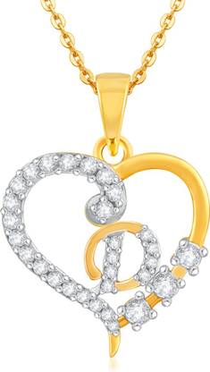 Kanak Jewels Love collection Pendant "D" Letter Gold Plated Valentine Latest American Diamond for Women Girls Girlfriend Men Boys Couples Lovers Design Alphabet Cubic Zirconia Brass Chain Pendant Gold-plated Cubic Zirconia Brass Pendant
