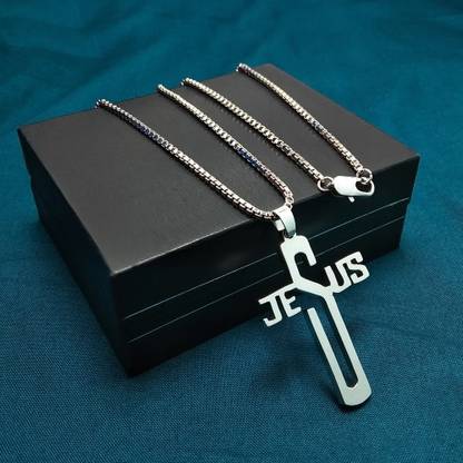 METLLORY TRENDS Jesus Name Christ Cross Typography Design 18K Silver Plated Premium Pendant Brass Locket