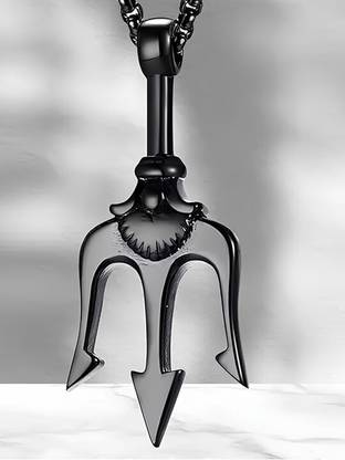 P. R. PRINTS Men's Black Trishul Pendant Necklace | Mahadev Shiva Symbol Chain Alloy Pendant Set