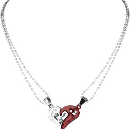 Diivine Hindu 2pcs His and Hers Heart-shape Couple Red and Silver Necklace Pendant Silver Stainless Steel, Titanium, Alloy Pendant