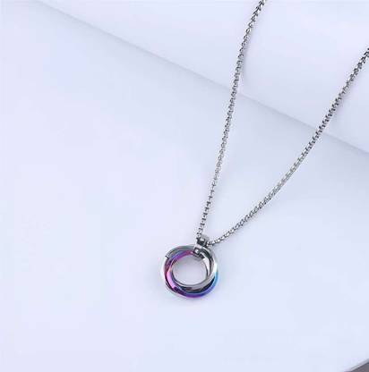 REVERSEA 3 Circle Blue Ring Pendant Locket with 24inch Stainless Steel Box Chain Silver Metal Locket