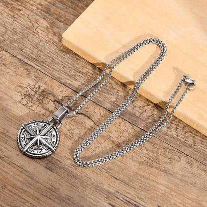 mahi Oxidised Round Pendant Cross Compass Necklace Chain Rhodium Alloy Pendant