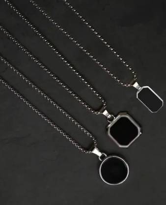 zebisco Combo of 3 Black Locket with Silver Chain For Men Geometric Stainless Steel Silver Stainless Steel, Steel, Sterling Silver Locket
