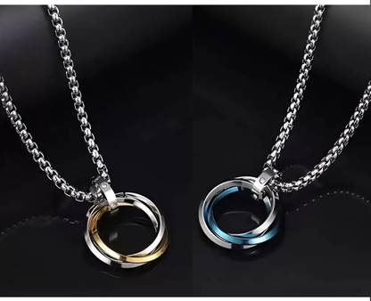 Alvira 3 Circle Blue & Gold Ring Pendant Locket with 24inch Stainless Steel Box Chain Rhodium, Silver Stainless Steel Locket