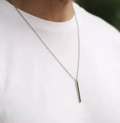 house of common Stylish Silver 3D Vertical Bar Cuboid Stick Locket Pendant Necklace Silver, Rhodium Alloy Pendant Set