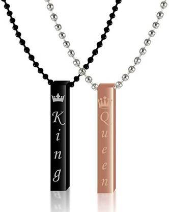 zebisco Black-Rose-Gold Romantic Love King Crown And Queen Crown 3D Vertical Bar Locket Black Silver, Sterling Silver, Platinum Cubic Zirconia Stainless Steel, Titanium, Alloy