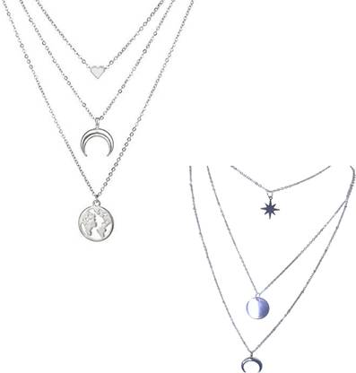 RVM Jewels 2 Combo 3 Layer Step Multi Layered Necklace Western Heart Moon Star Chain Silver Silver Alloy