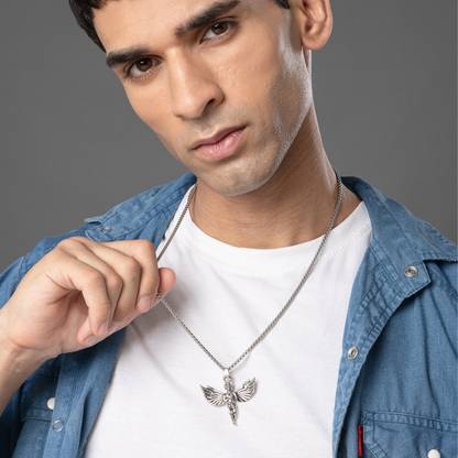 Salty ALPHA Stainless Steel Greek Angel Silver Chain for Mens Locket Pendant Stainless Steel Locket Set