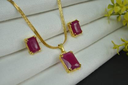 KYOOT JEWELS Ruby American Diamond Pendant Set with Earrings Gold-plated Alloy Pendant Set