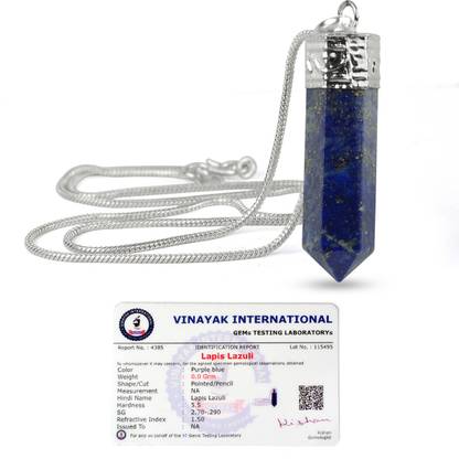CRYSTU Certified Natural Lapis Lazuli Pencil Shape Pendant with Metal Chain for Unisex Lapis Lazuli, Agate Crystal Pendant