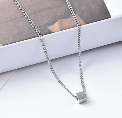 De-Ultimate Geometric Silver Small Square Ice-Cube Shape Pendant Locket Clavicle Chain Stainless Steel Locket Set