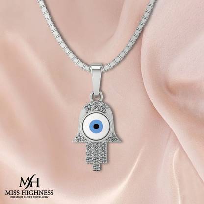 Miss Highness Pure 925 Silver Hamsa Hand Evil Eye Pendant For Ladies Rhodium Cubic Zirconia Sterling Silver Pendant