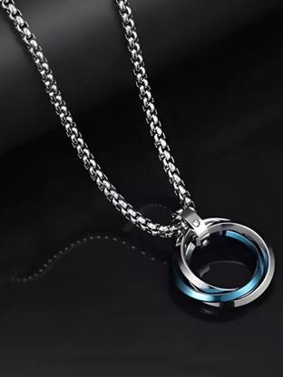 Alvira 3 Circle Blue Ring Pendant with 24inch Stainless Steel Box Chain Rhodium, Silver Stainless Steel Locket