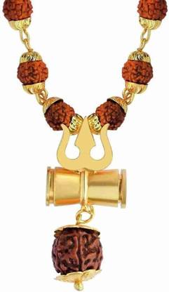 Mangal Lord Shiva Trishul Damru Locket With Gold Plated Caps Rudraksha Mala Gold-plated Brass, Wood Pendant Set