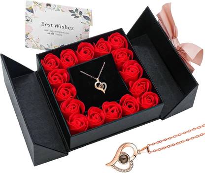 M MOOHAM Red Rose Gift Box with I Love You Necklace in 100 Language For Women, Girls Acrylic Pendant Set