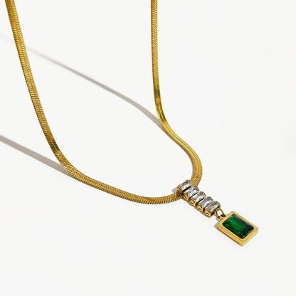 vien Green Crystal Long Pendant Necklace Vintage Snake Chain For Women Gold-plated Emerald Stainless Steel Pendant