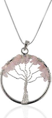 CRYSTU Natural Rose Quartz Tree Shape Pendant Locket with Metal Chain for Unisex Quartz, Agate Crystal Pendant