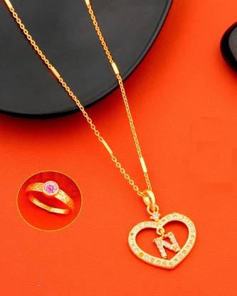 Jewel WORLD N name letter Diamond Pendant locket chain with letter ring for girls & women Gold-plated Beads Alloy Pendant