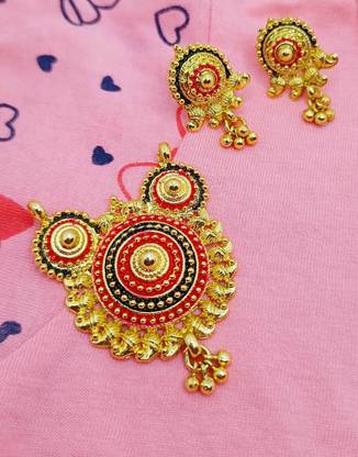 AuraJewel Mangalsutra Pendant & Earring set (Gold Plated) for women Gold-plated Ruby Alloy Pendant Set
