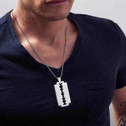 Shiv Jagdamba Large Razor Blade Dog Tag Custom Text Necklace Sterling Silver Stainless Steel Pendant