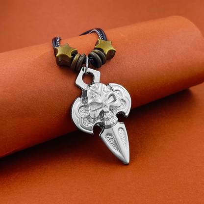 Gift Nest GiftNest Skull kunai weapon pendant locket with leather rope chain Rhodium Stainless Steel Pendant