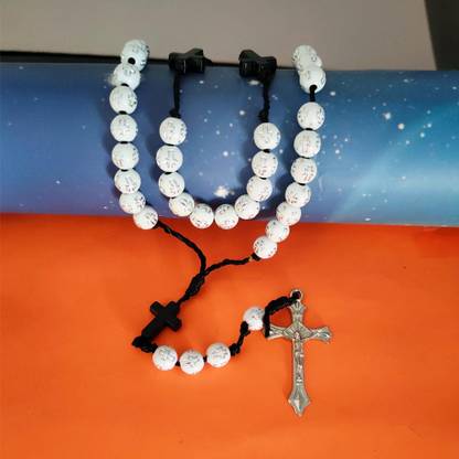 Sullery Religious Antique French catholic Rosary with White Beads Center Cross Rhodium Crystal Pendant