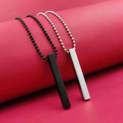 Alvira Stylish Silver- Black 3D Vertical Bar Cuboid Stick Locket Necklace Silver, Rhodium Alloy Locket Set