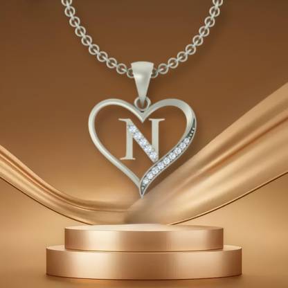 Kanak Jewels Initial Letter "N" In Heart Shaped Silver Cubic Zirconia Brass Pendant