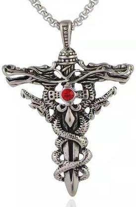 vien Cross Necklace Double Dragon Sword Pendant Personality Matching Vintage Fashion Silver Alloy Locket