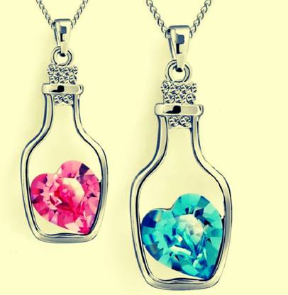 University Trendz Combo of Bottle Heart Pendant Chain Silver Crystal Stainless Steel Pendant Set