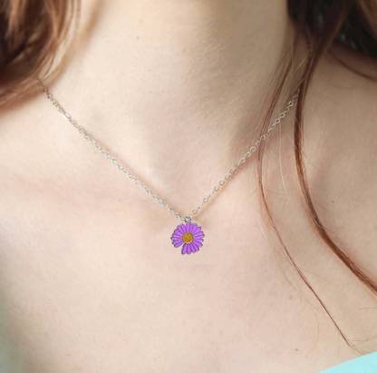 Uniqon Purple Flower Yellow Daisy Charm Resin Botanical Alloy Pendant Locket Necklace Stainless Steel