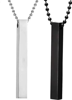 Shobhram Black & Silver Couple 3D Vertical Bar Cuboid Stick Locket Pendant Chain Silver Plated Stainless Steel Chain Set