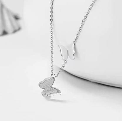 VIANSH Silver Valentine's Day I Love You Dual Butterfly Choker Locket Pendant Necklace Silver Stainless Steel