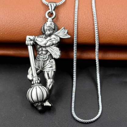 Smykker Fashion Jay Shree Ram Gadhadhari Lord Hanuman Grey Snake Chain Pendnet for Men and Women Rhodium Metal Pendant
