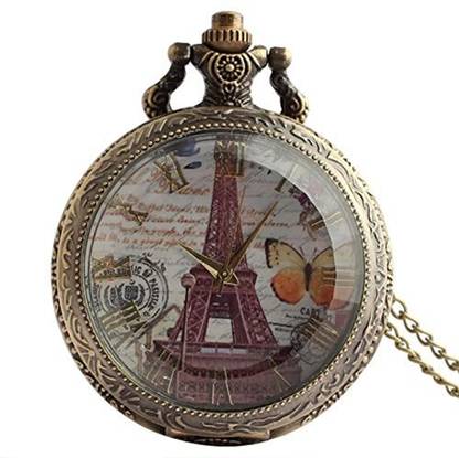 Young & Forever Vintage Gold Eiffel Tower Butterfly Design Pocket Watch Pendant Necklace Glass Pendant