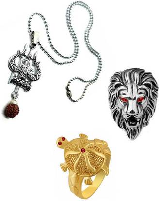 Dynamic Retail Global Shiva Mahadev Mahakal Locket Pendant Necklace Lion & Tortoise Turtle Rings Q82R Stainless Steel Pendant Set